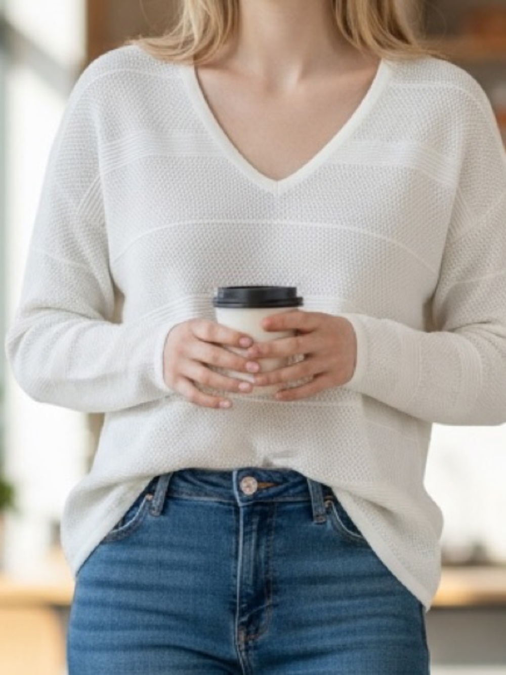 NEW: Designer Brand Lightweight Mesh Knit Pullover V-Neck Sweater in Off-White
